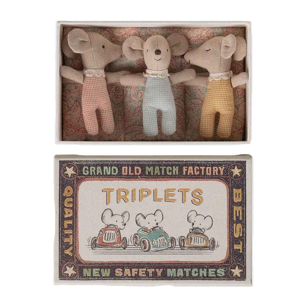 Triplets Baby Mice in Matchbox Checker | Maileg