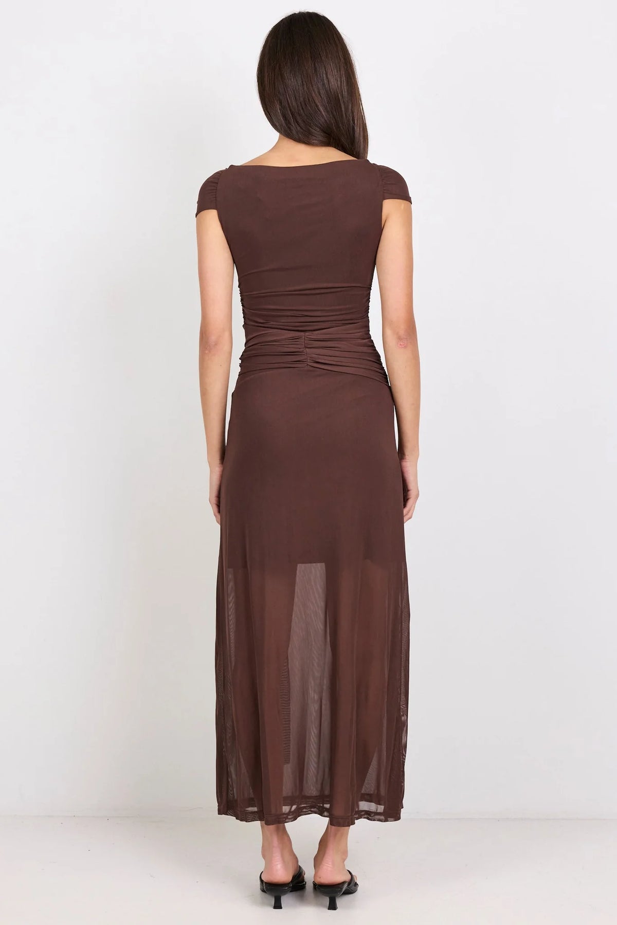 Monarch Chocolate Mesh Off Shoulder Maxi Dress | Georgia Zoe