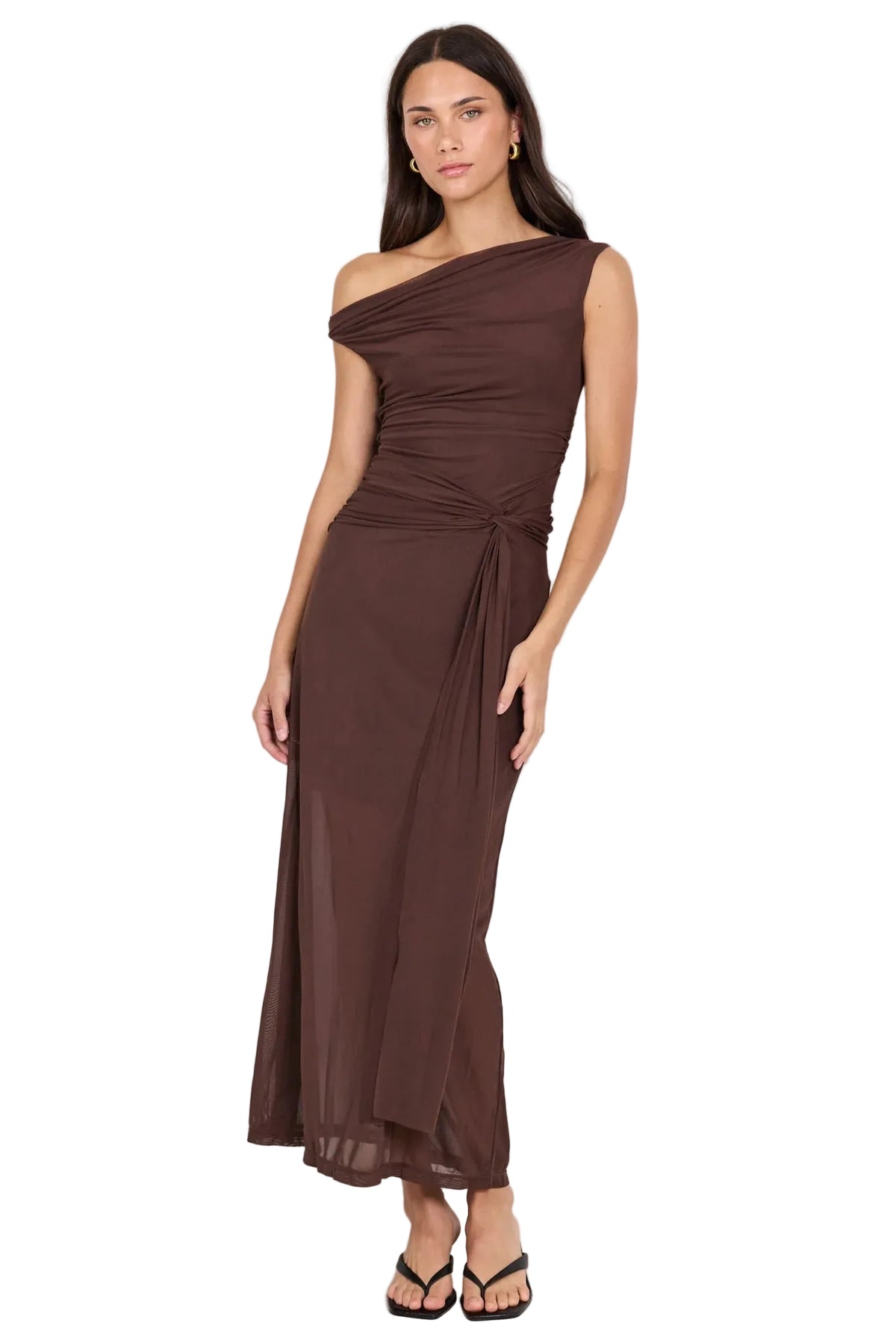 Monarch Chocolate Mesh Off Shoulder Maxi Dress | Georgia Zoe