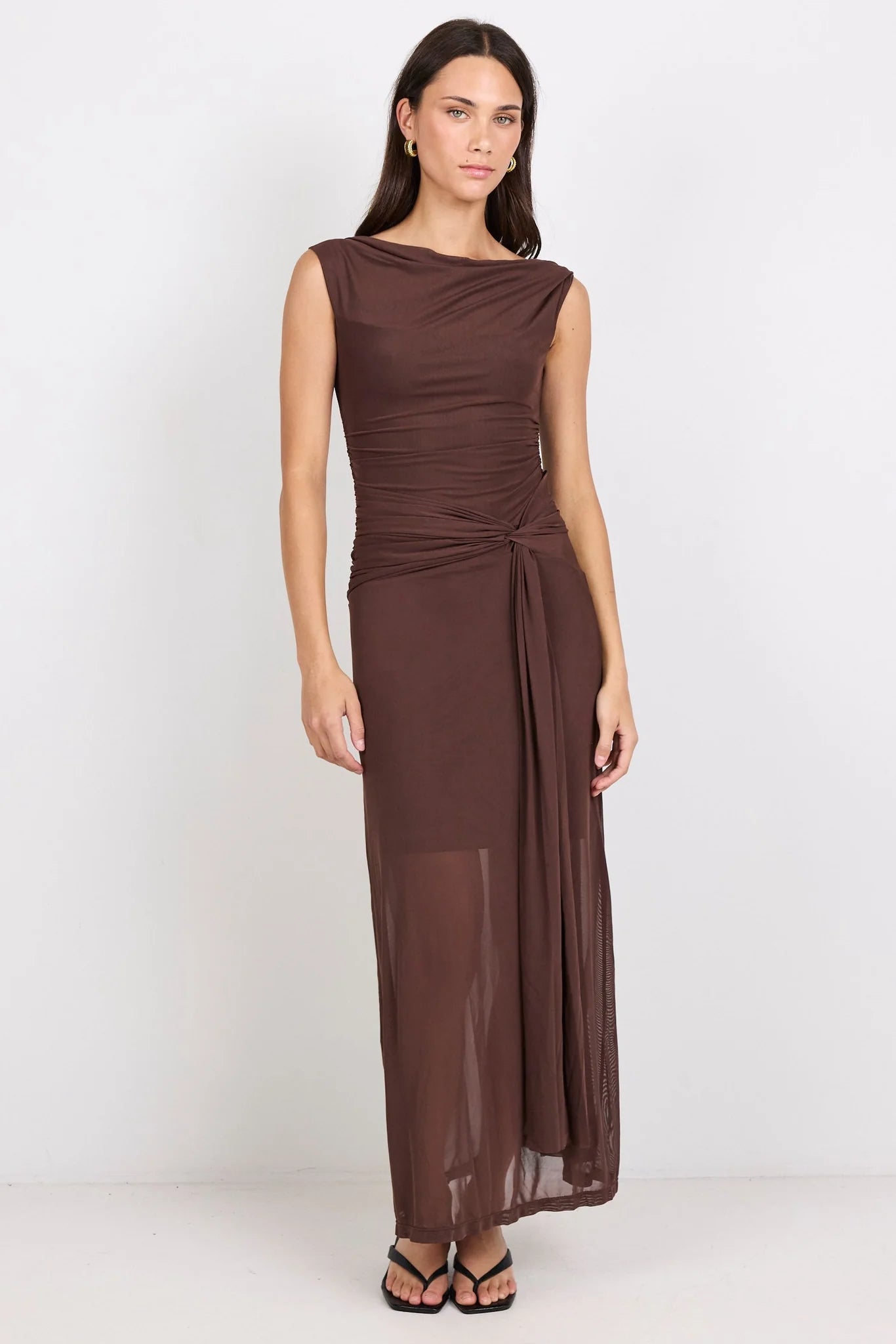 Monarch Chocolate Mesh Off Shoulder Maxi Dress | Georgia Zoe