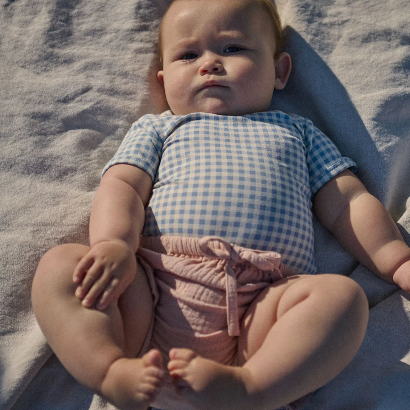 STRETCH JERSEY SHORT SLEEVE BODYSUIT - Blue Gingham | Nature Baby