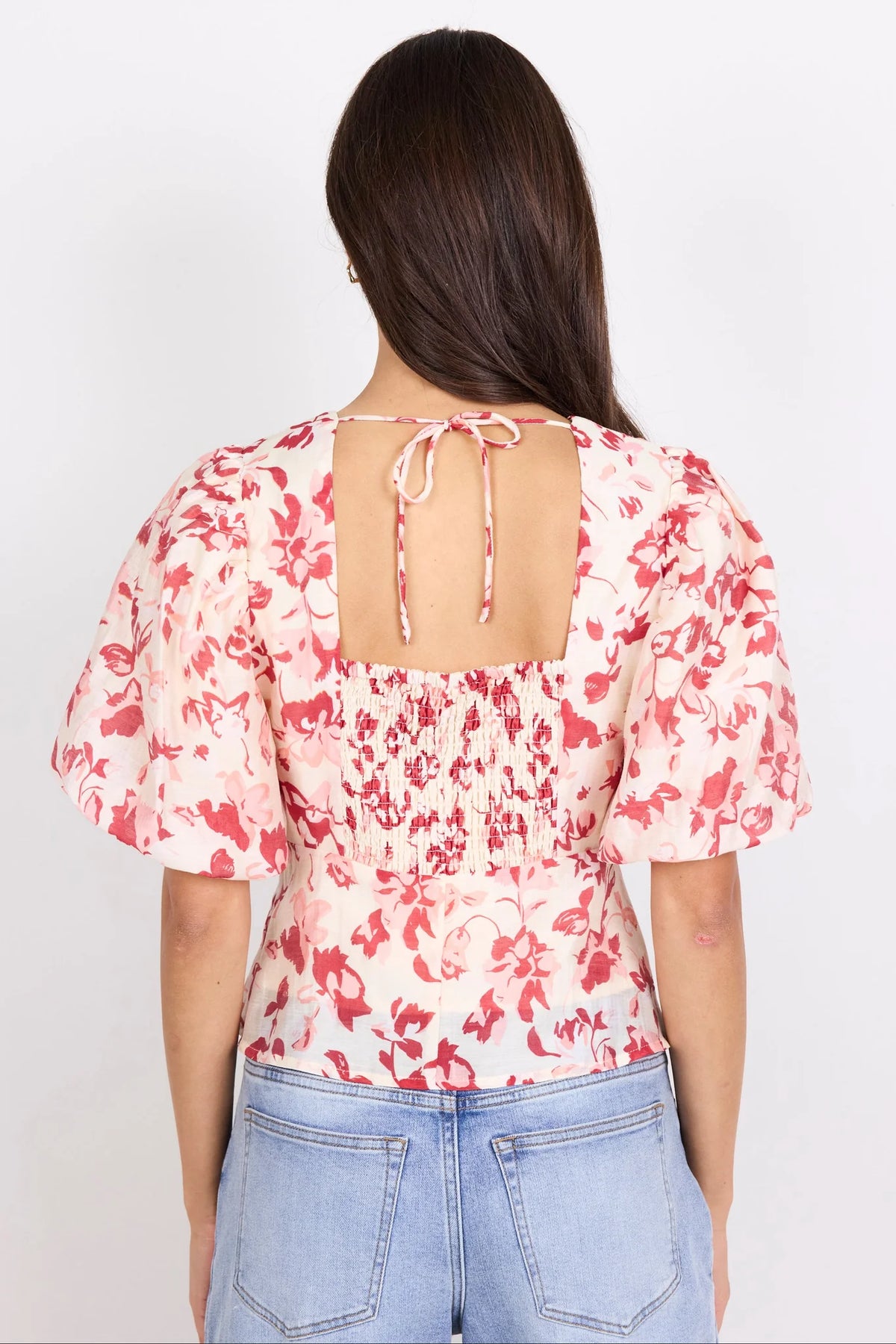 Notch Cream Red Poppy Pleat Front Bubble Sleeve Top | Ivy + Jack