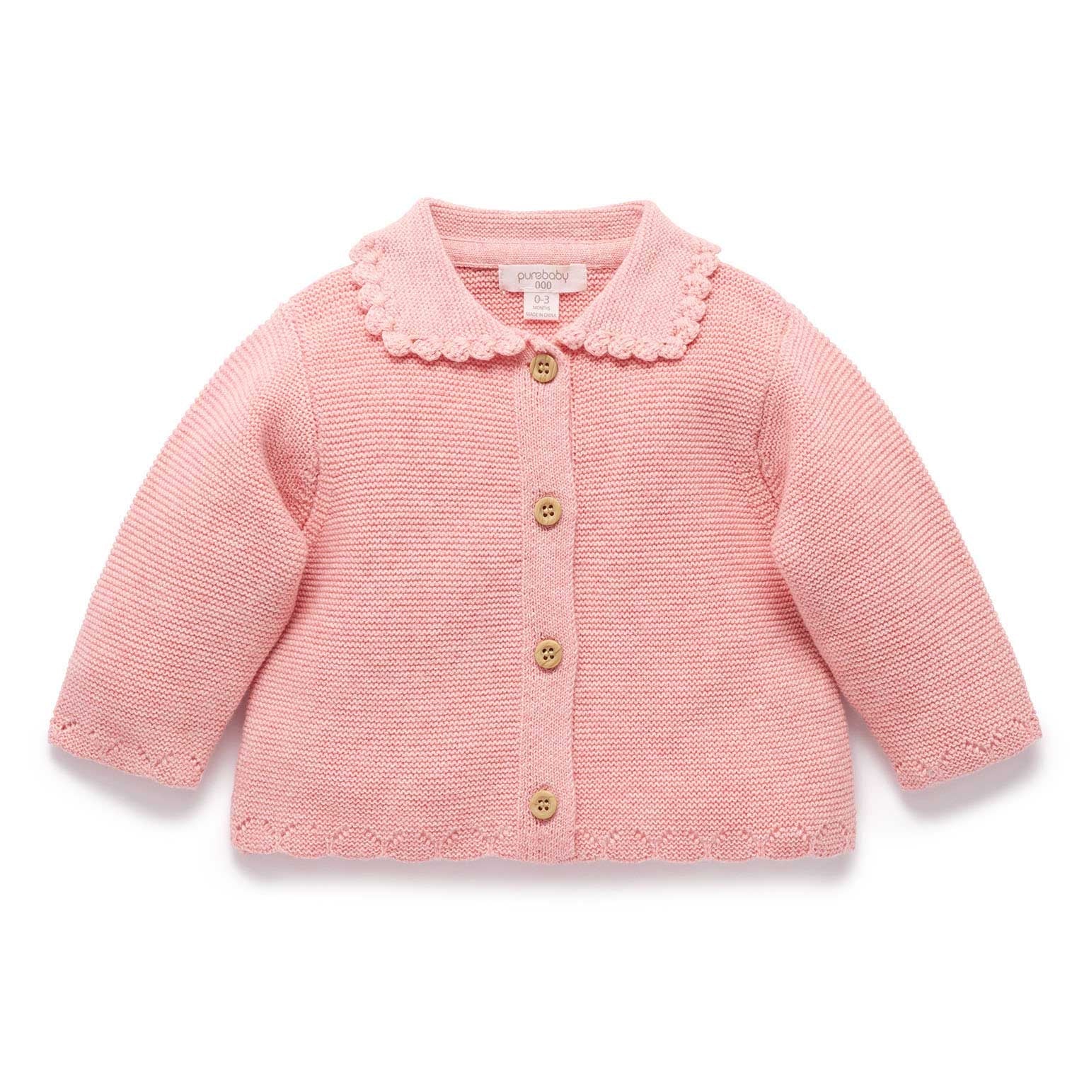 Crochet Collar Cardigan - Blush Melange | Purebaby