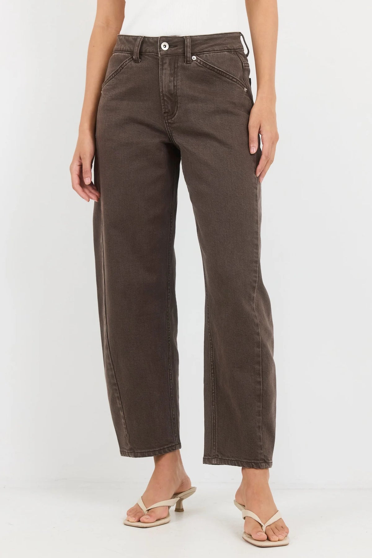 Idolise Mocha Stretch Soft Barrel Jeans | Stories Be Told