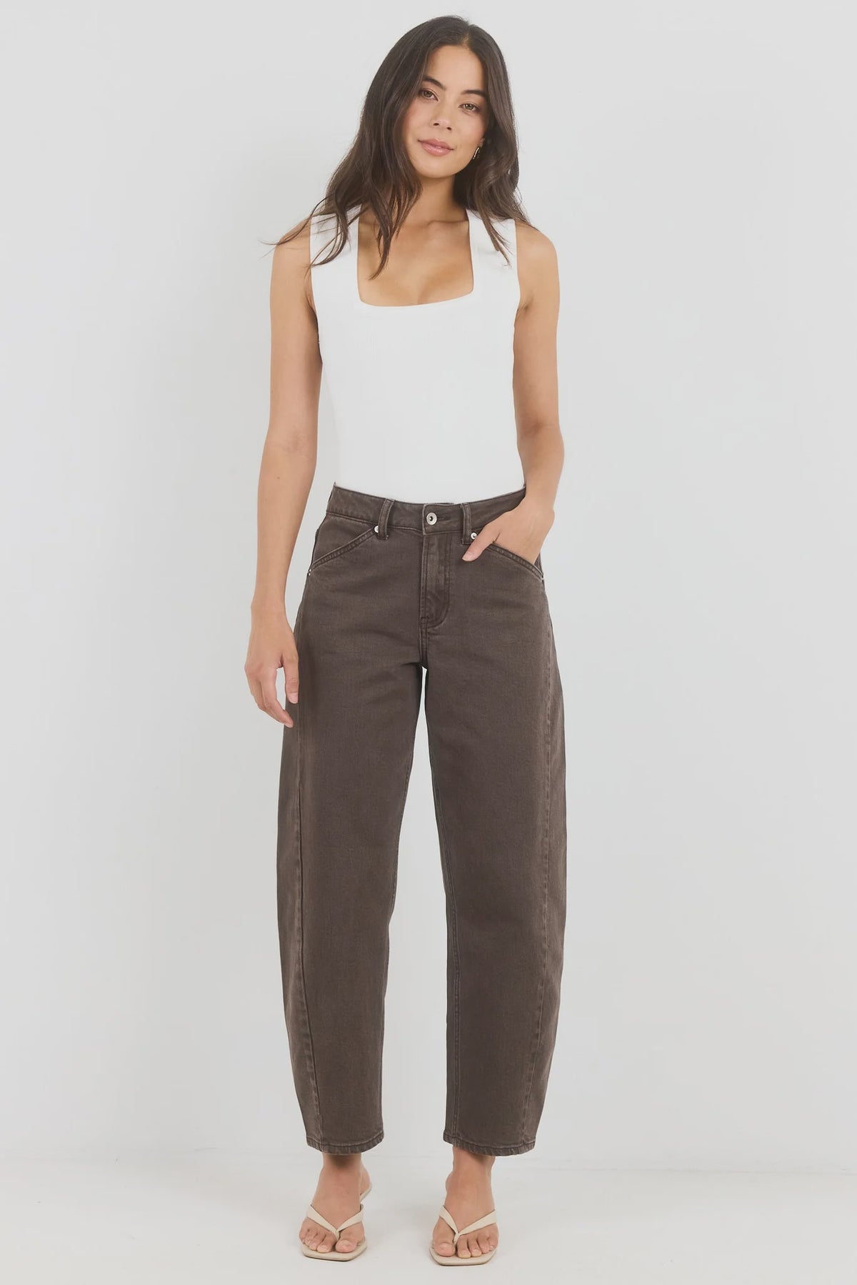 Idolise Mocha Stretch Soft Barrel Jeans | Stories Be Told