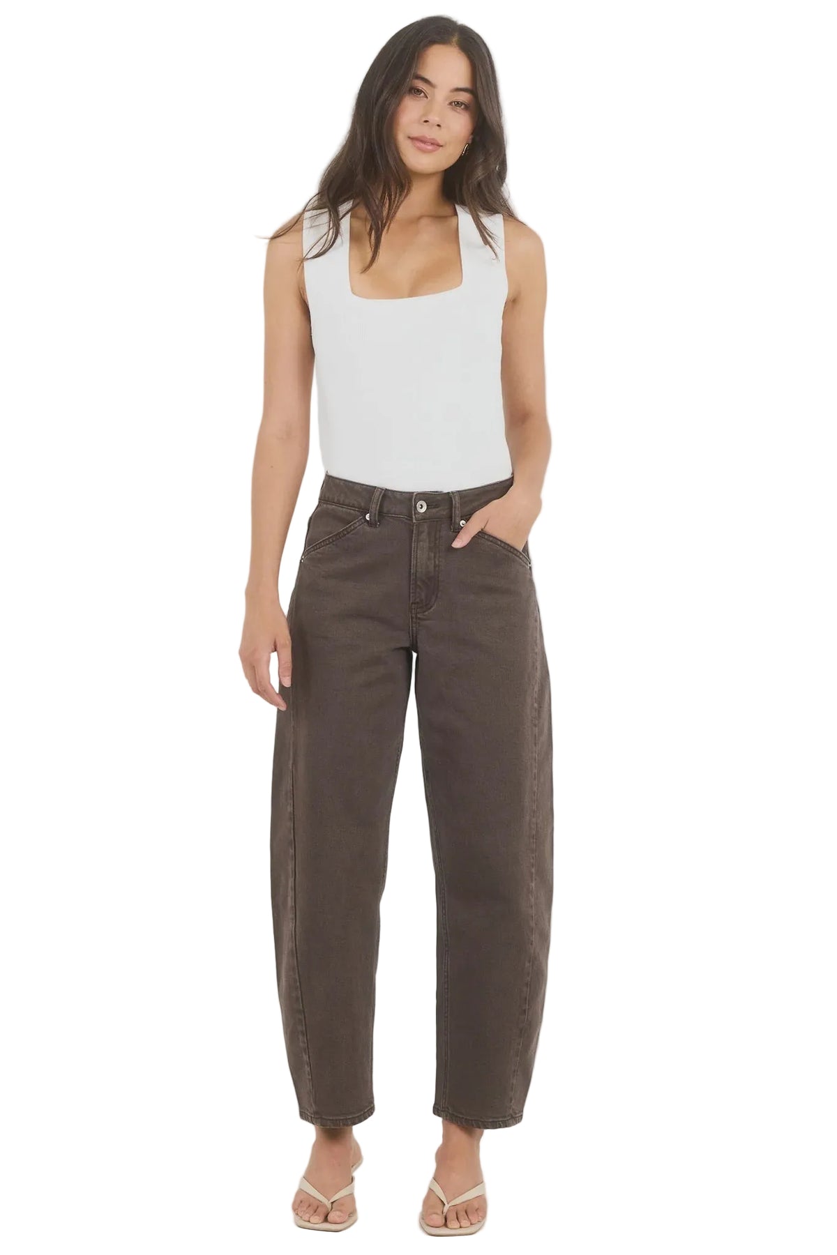 Idolise Mocha Stretch Soft Barrel Jeans | Stories Be Told