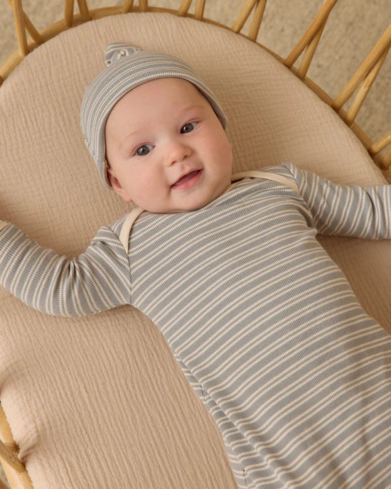 KNOTTED BABY GOWN + HAT SET || STEEL BLUE MICRO STRIPE | Quincy Mae
