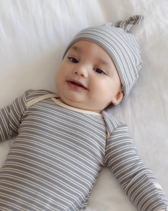 Knotted Baby Gown + Hat Set Slate Microstripe OS | Quincy Mae