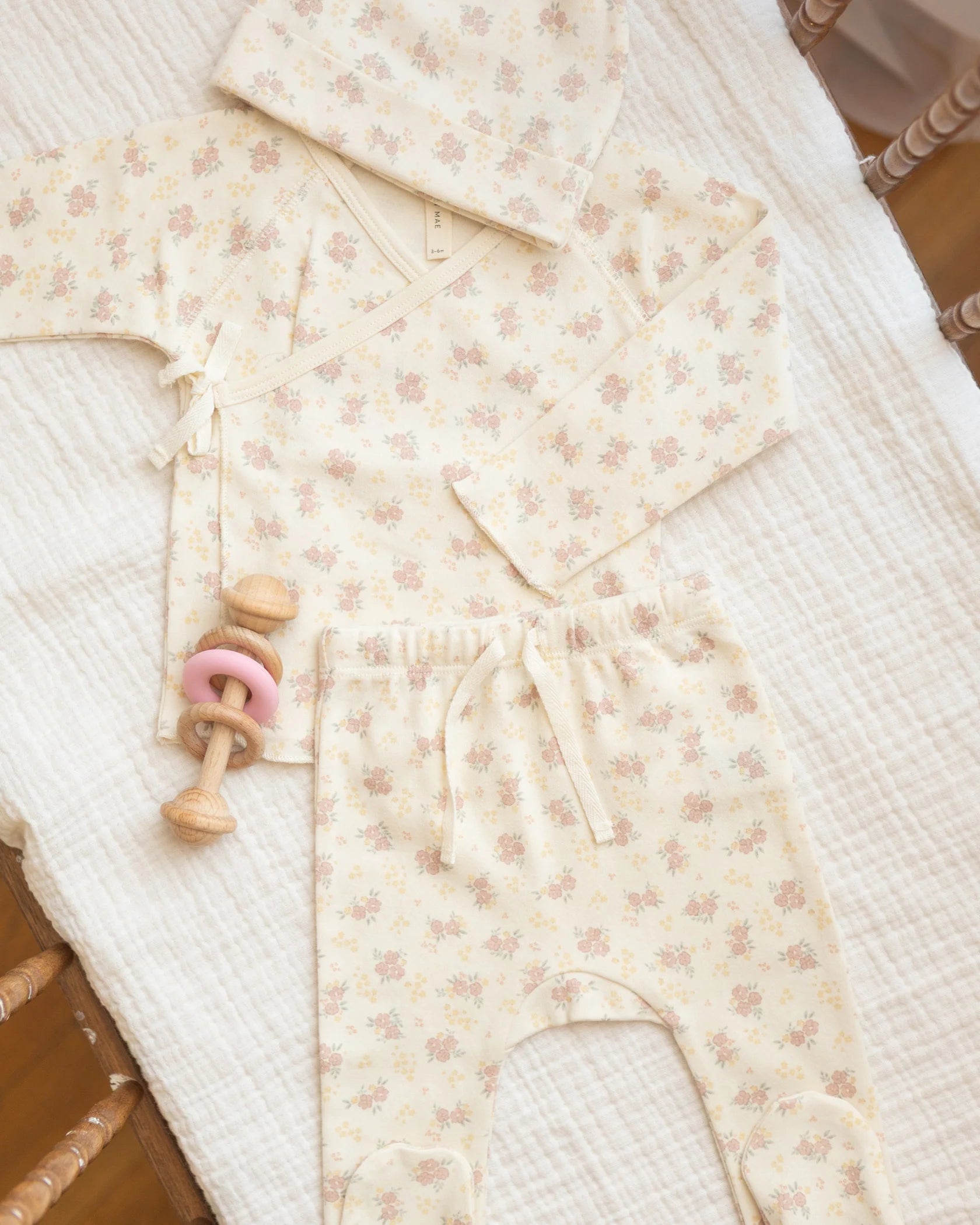 Wrap Top + Footed Pant Set - Flower Field - Ivory | Quincy Mae