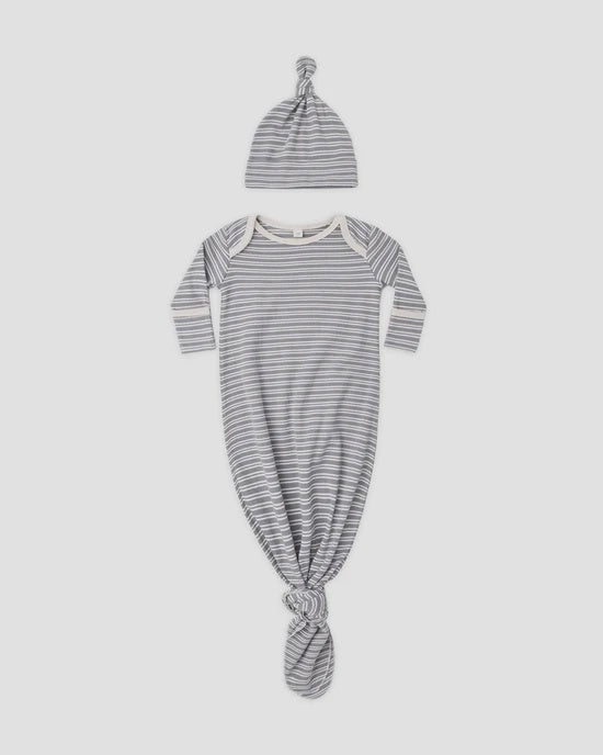 Knotted Baby Gown + Hat Set Slate Microstripe OS | Quincy Mae