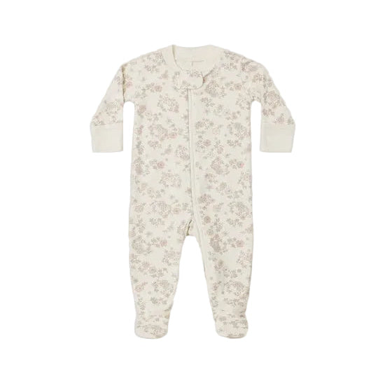 ZIP LONG SLEEVE SLEEPER FOOTIE FLORAL VINE - NATURAL | Quincy Mae