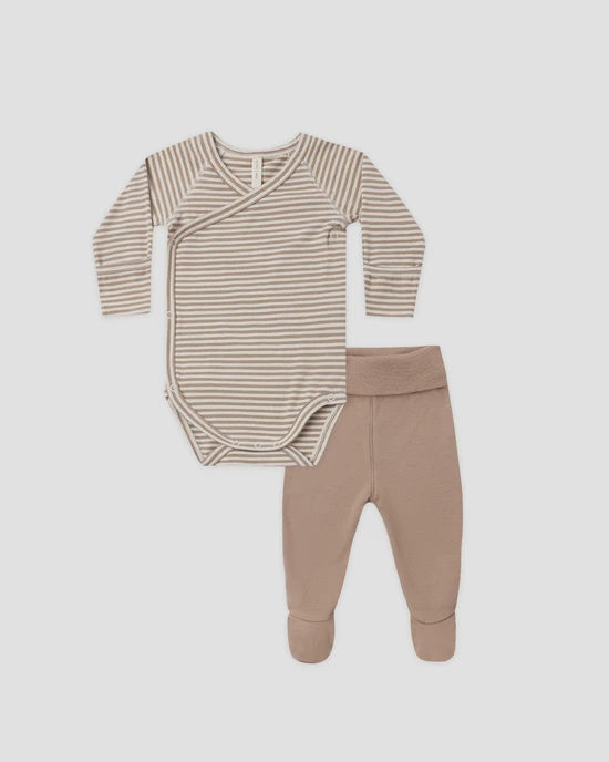 SIDE SNAP BODYSUIT + PANT SET ALMOND STRIPE - ALMOND | Quincy Mae