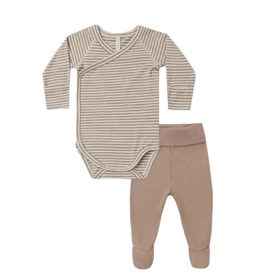 SIDE SNAP BODYSUIT + PANT SET ALMOND STRIPE - ALMOND | Quincy Mae