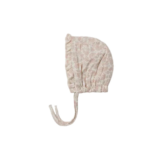 WOVEN RUFFLE BONNET PINK BLOSSOM - IVORY | Quincy Mae