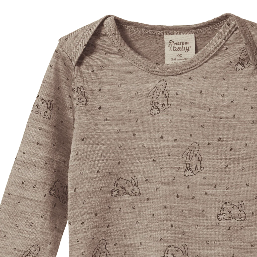 MERINO LONG SLEEVED BODYSUIT - Bramble Burrow Print | Nature Baby
