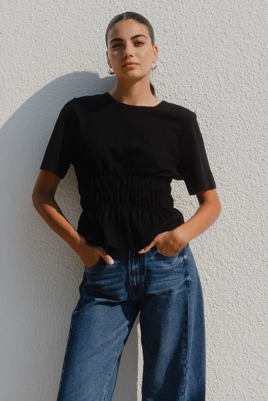 Svelte Black Shirred Detail SS Tee - Black | Among The Brave