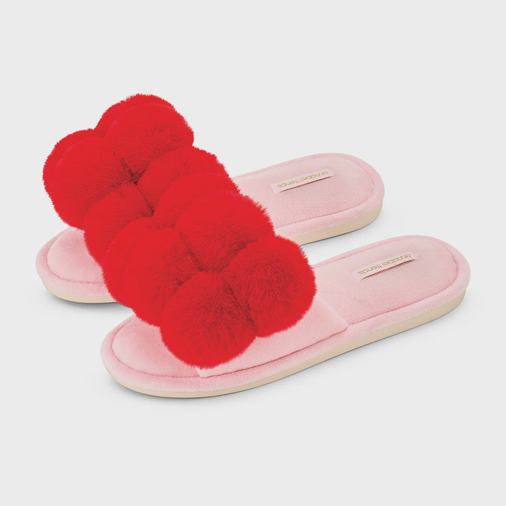 Pom Pom Slippers - Cosy Luxe - Cherry Red | Annabel Trends
