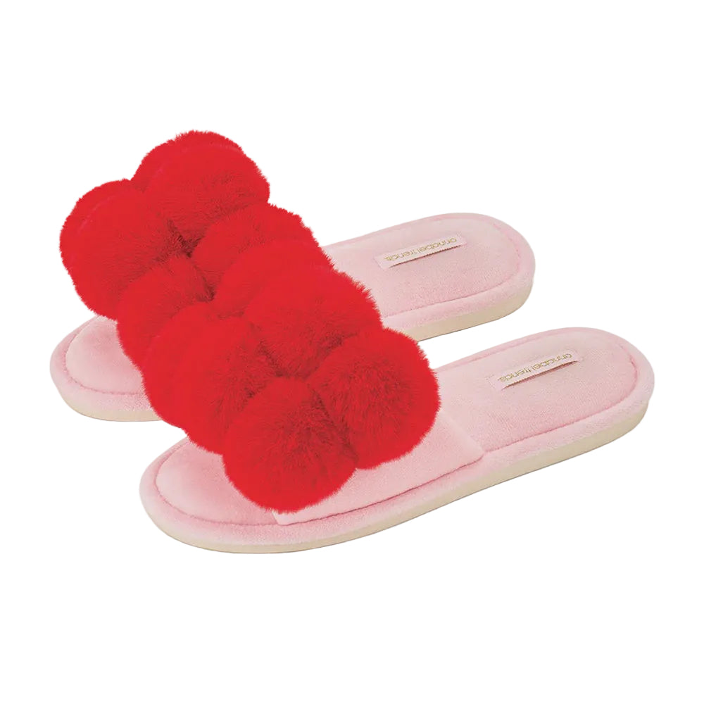 Pom Pom Slippers - Cosy Luxe - Cherry Red | Annabel Trends