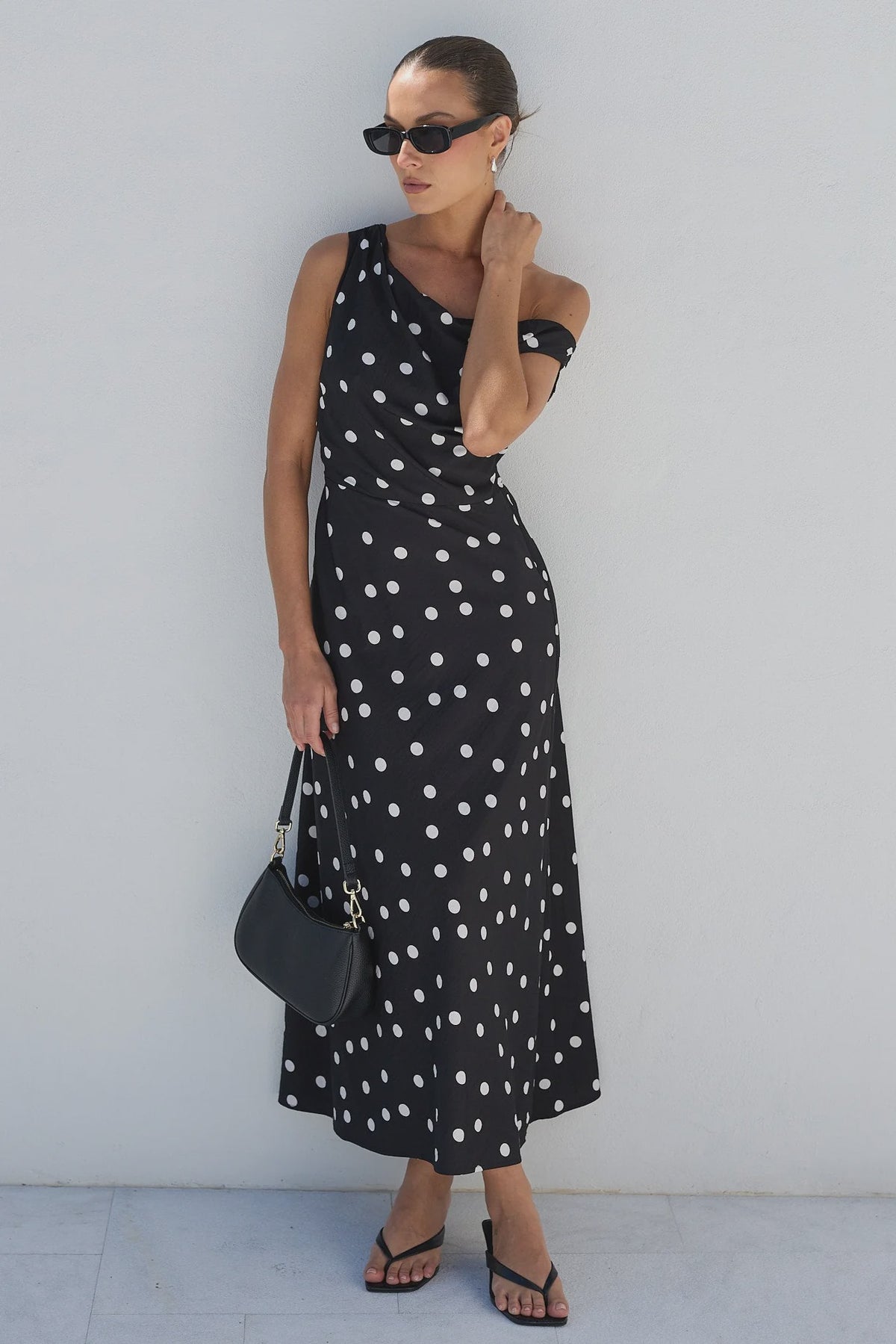 Spotlight Black Polka Dot Off Shoulder Flare Midi Dress | Stories Be Told