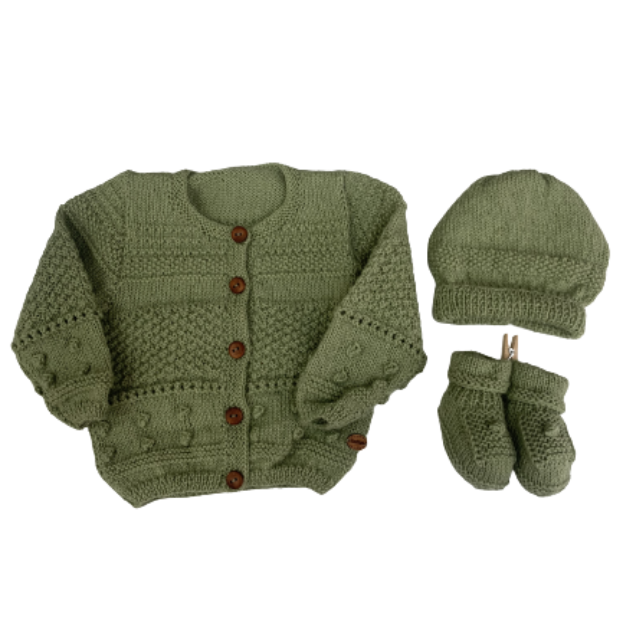 0-6M Pistachio Alpaca Cardigan + Hat + Booties Set | Ida & Ish