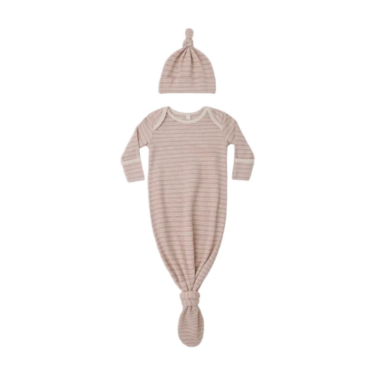 KNOTTED BABY GOWN + HAT SET DUSTY ROSE MICROSTRIPE - DUSTY-ROSE | Quincy Mae