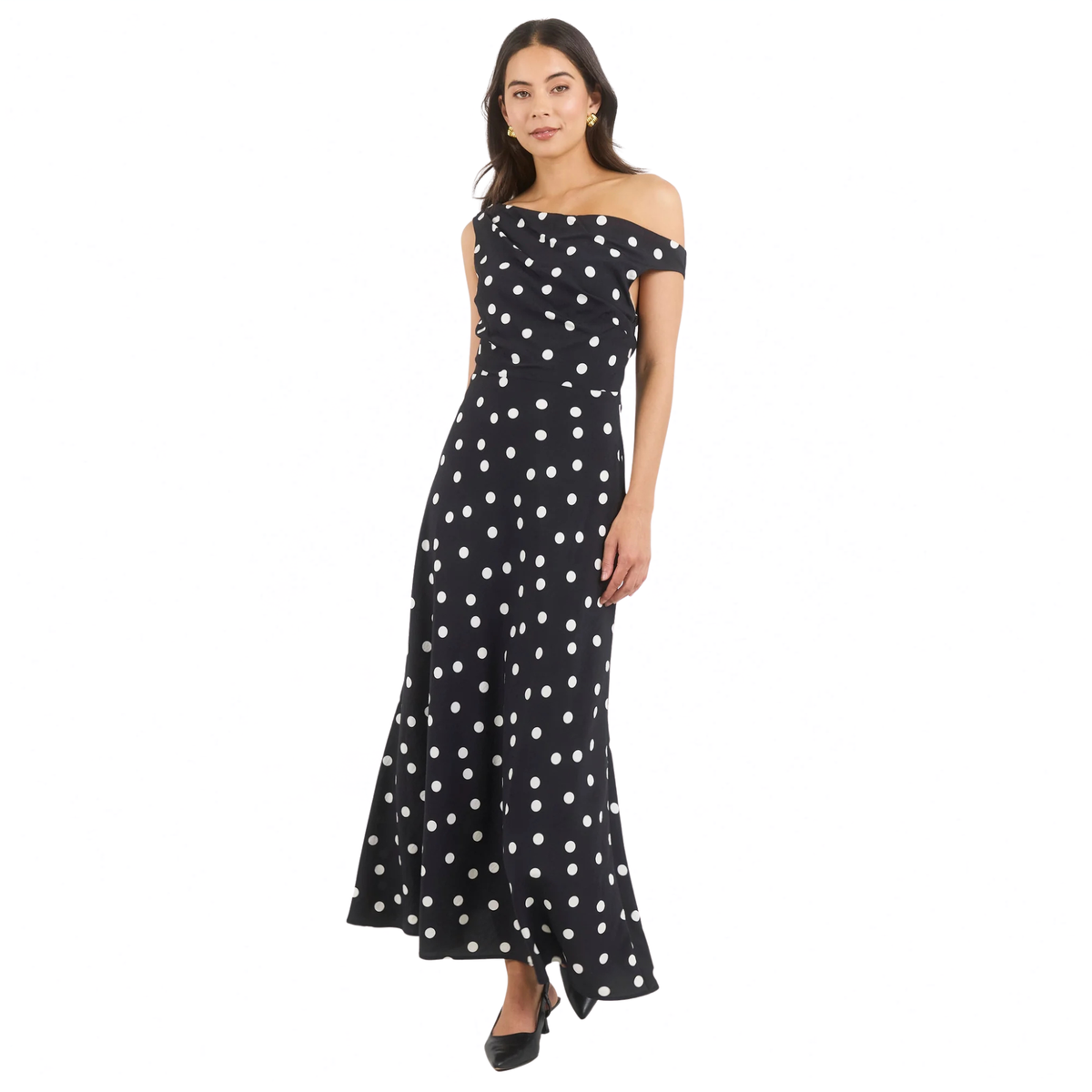 Spotlight Black Polka Dot Off Shoulder Flare Midi Dress | Stories Be Told