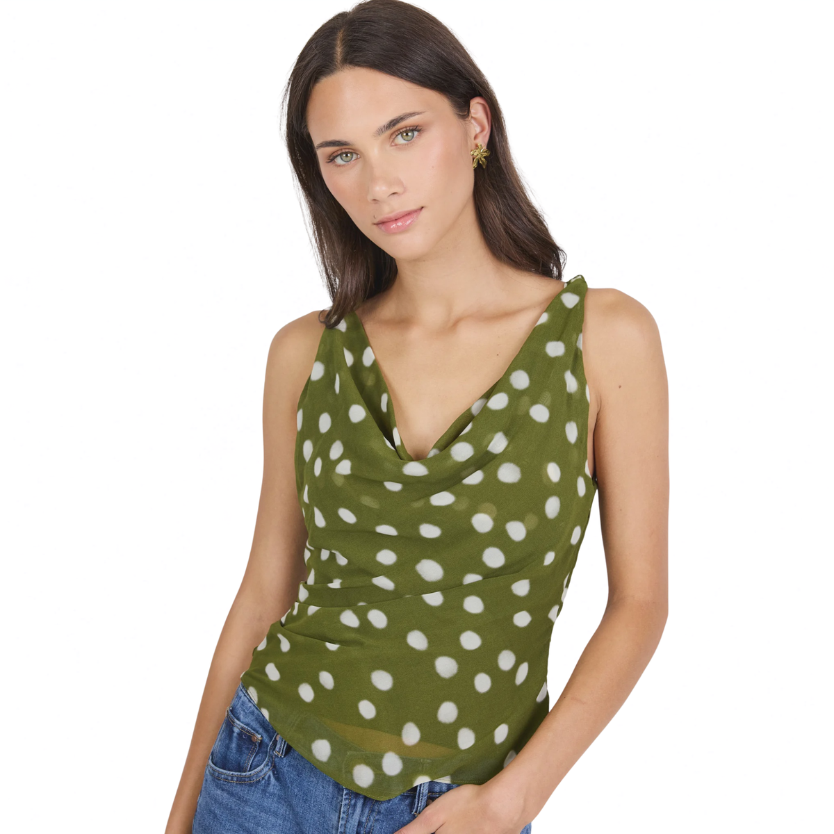 Fruitful Olive Polka Dot Georgette Tie Back Bias Slip Top | Georgia Zoe
