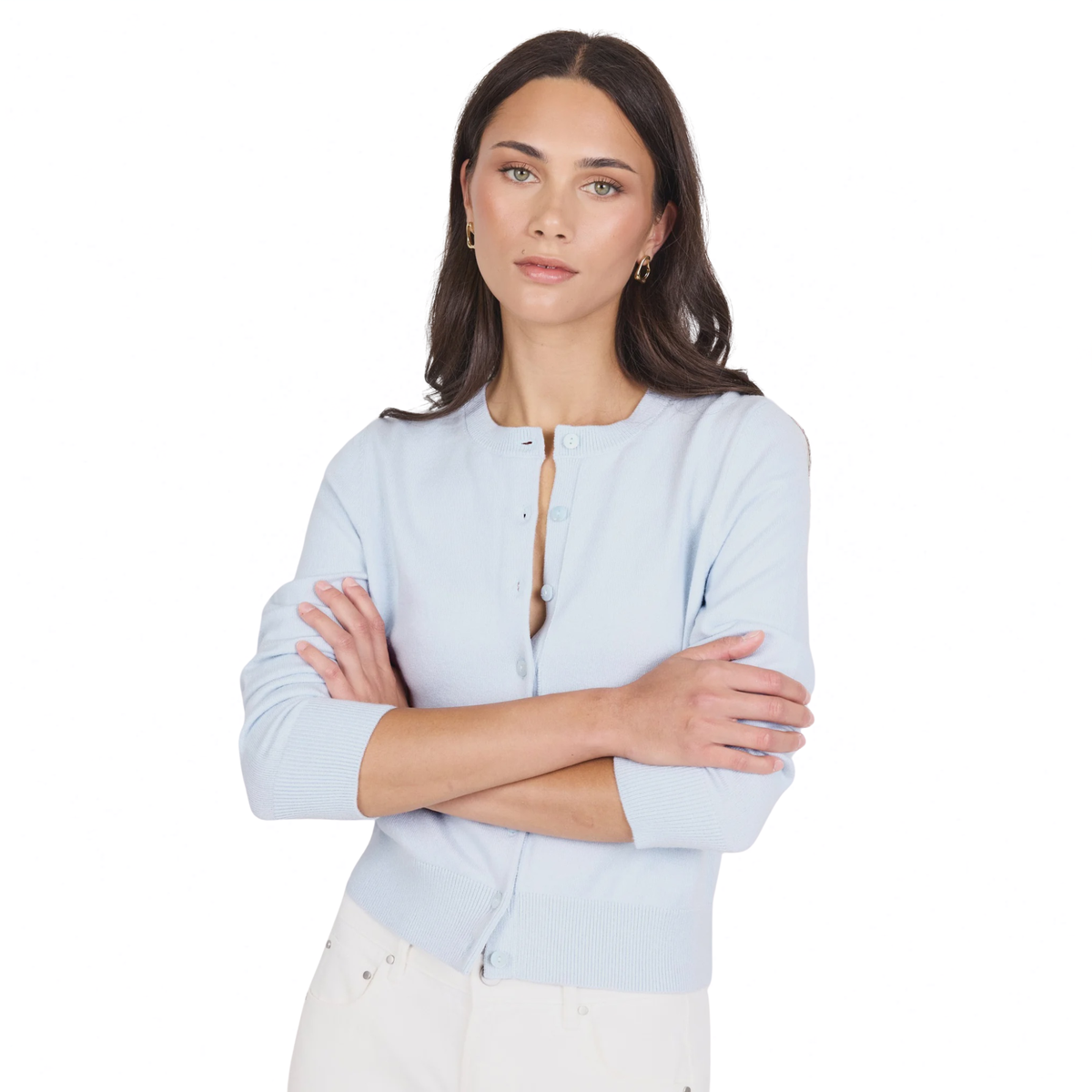 Autograph Ice Blue Soft Fine Gauge Crewneck Cardigan | Stories Be Told