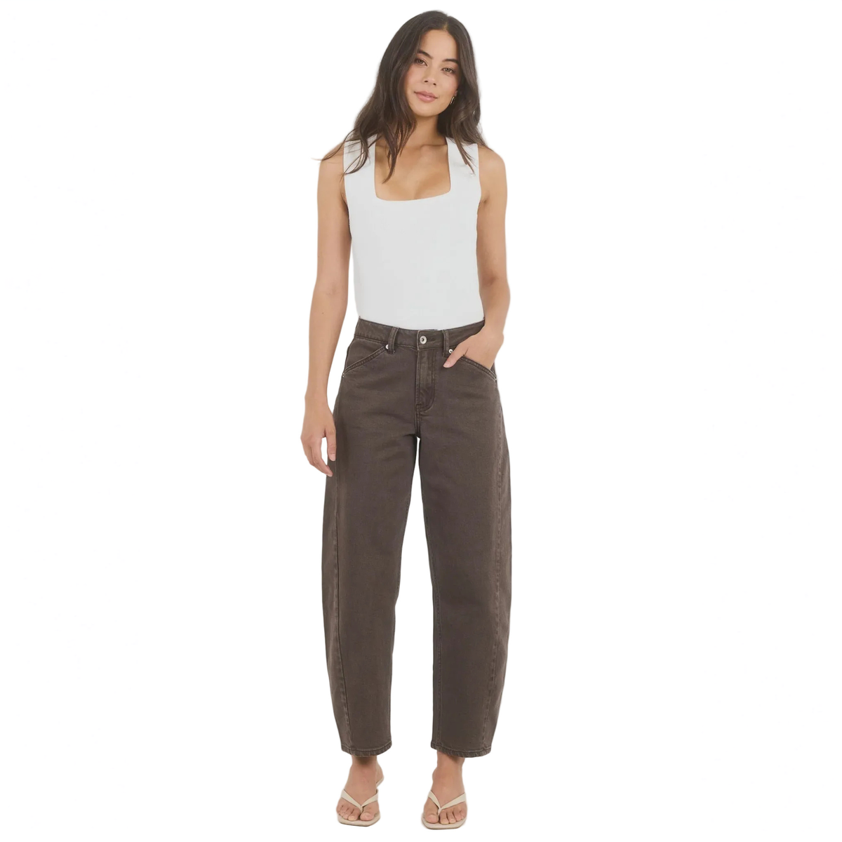 Idolise Mocha Stretch Soft Barrel Jeans | Stories Be Told