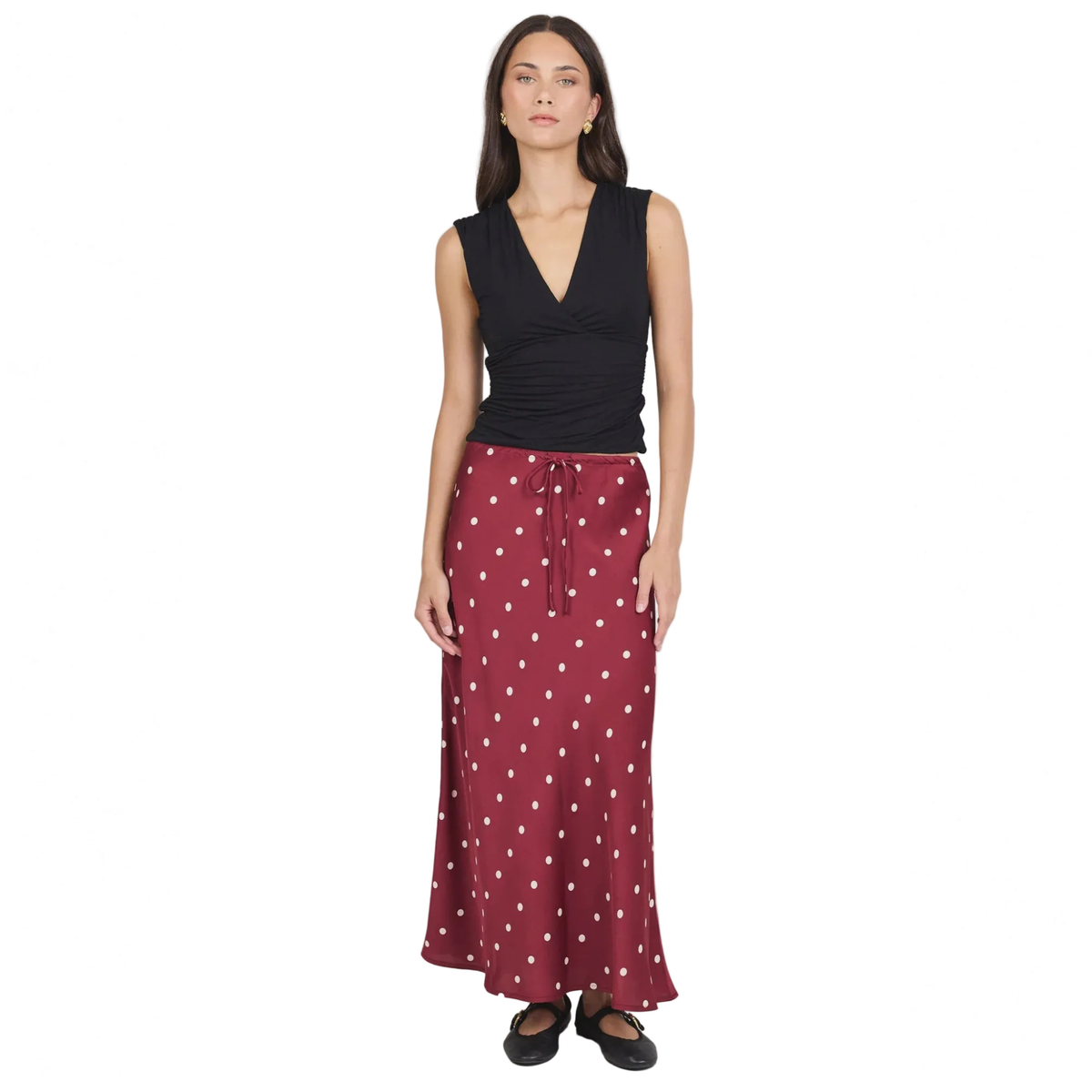 Rarity Wine Cream Polka Dot Satin Tie Waist Bias Maxi Skirt | Stories Be Told
