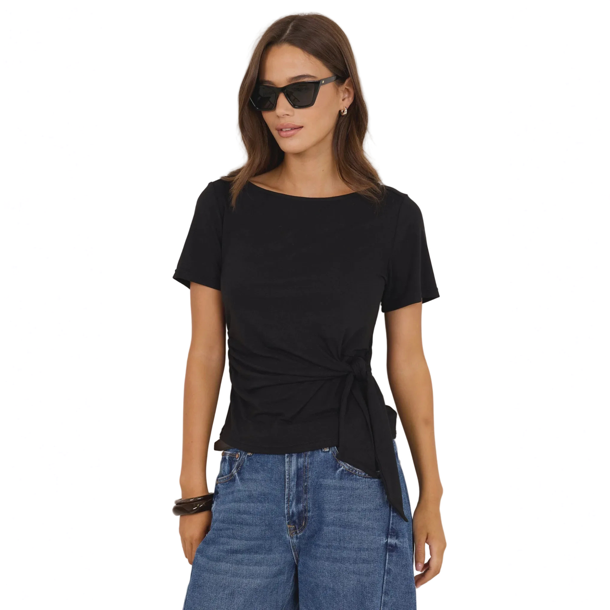 Turn Black Boat Neck Knot Front Short Sleeve Top - Black | Among The Brave