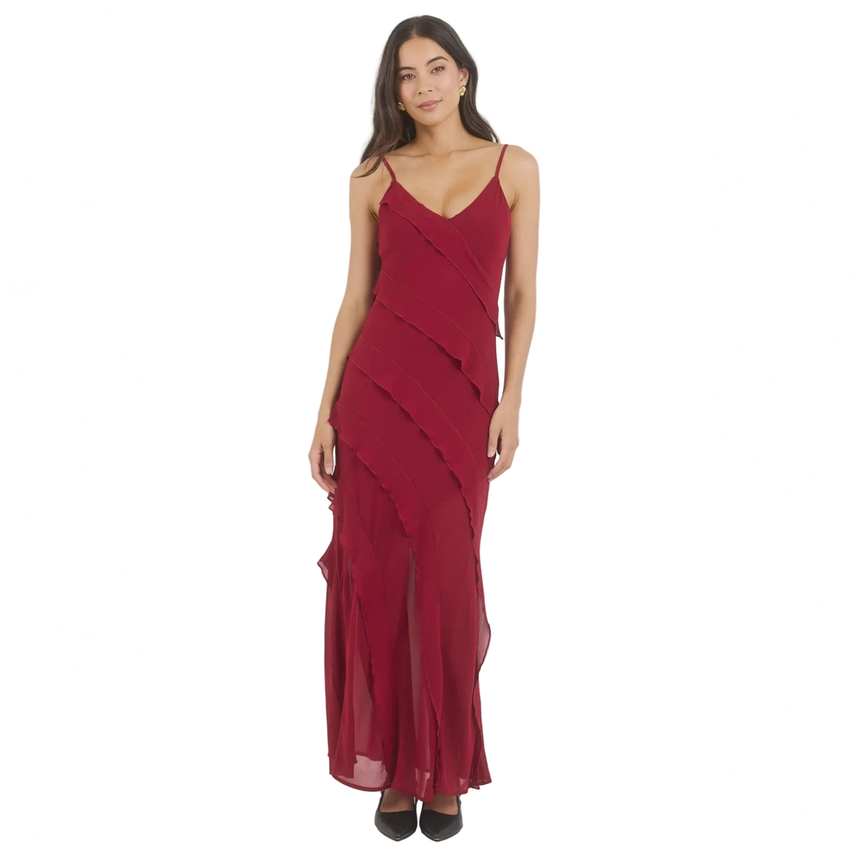 Galore Dark Red Georgette Bias Ruffle Slip Maxi Dress / Dark Red | Georgia Zoe