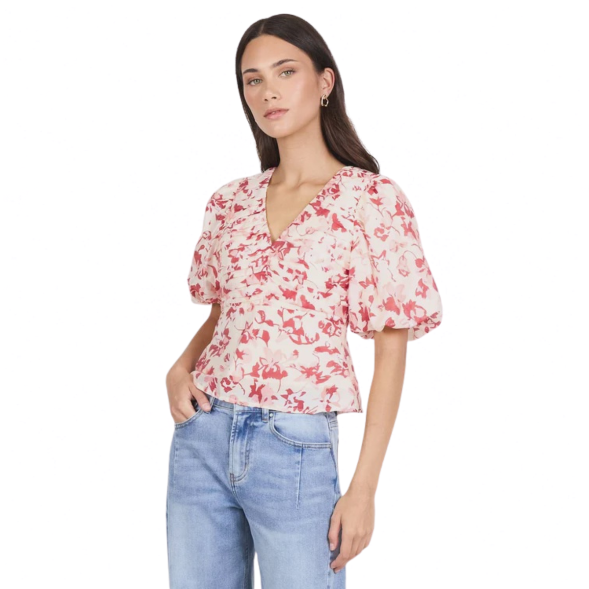 Notch Cream Red Poppy Pleat Front Bubble Sleeve Top | Ivy + Jack