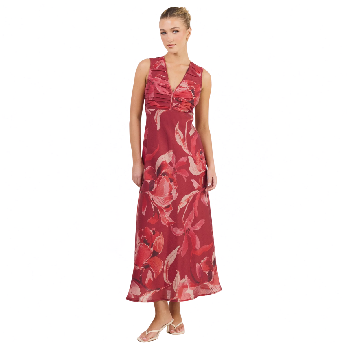 Tuck Large Red Peony Sleeveless Pleat Front Maxi Dress |
