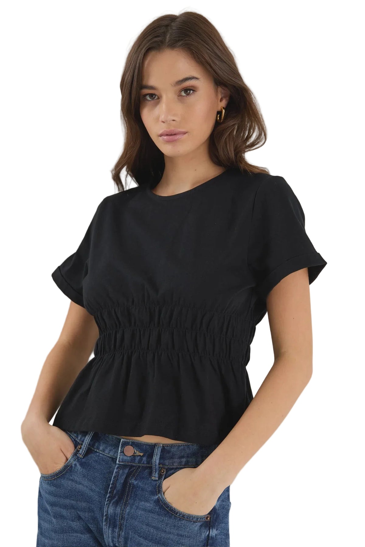 Svelte Black Shirred Detail SS Tee - Black | Among The Brave