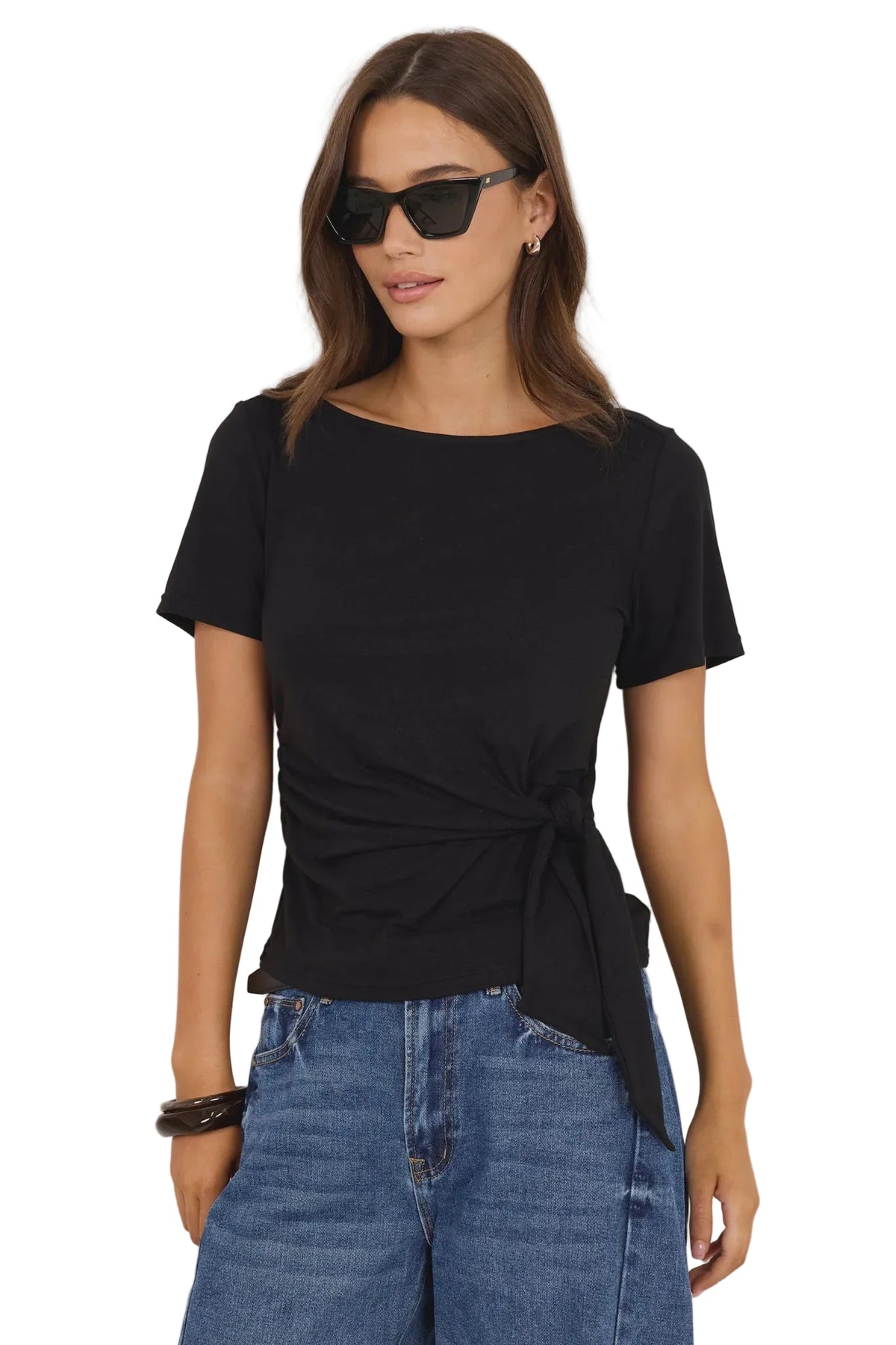 Turn Black Boat Neck Knot Front Short Sleeve Top - Black | Among The Brave