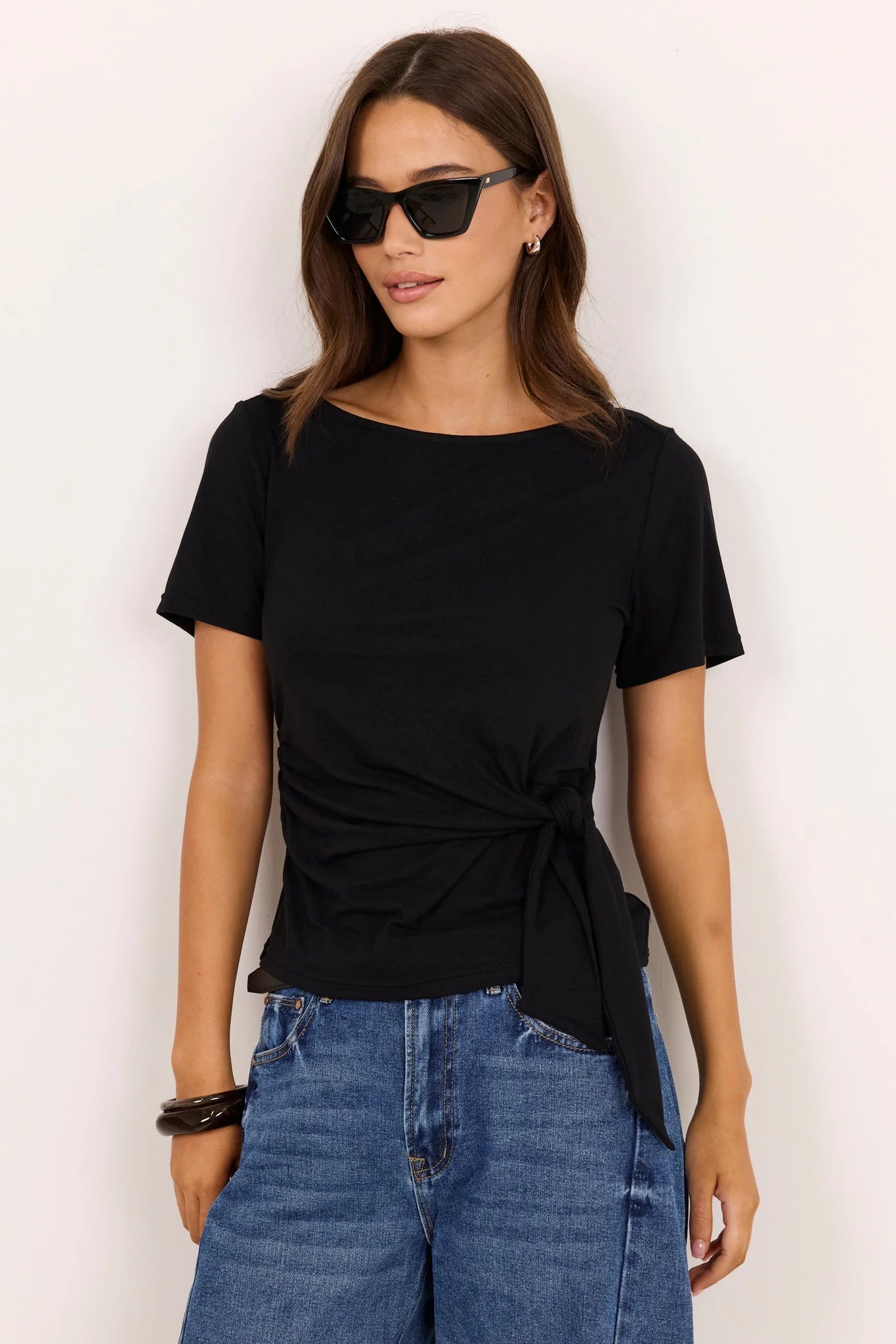 Turn Black Boat Neck Knot Front Short Sleeve Top - Black | Among The Brave