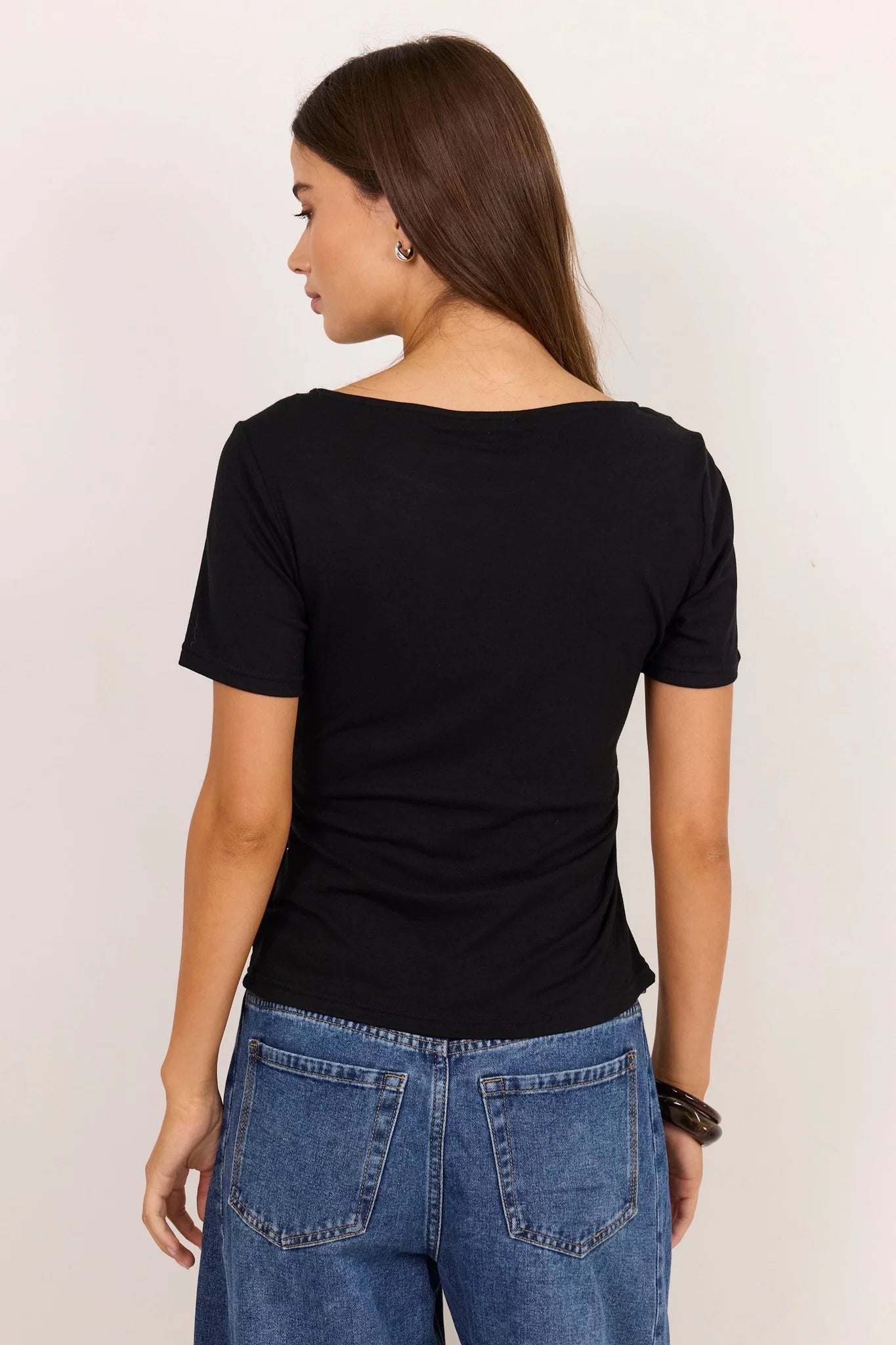 Turn Black Boat Neck Knot Front Short Sleeve Top - Black | Among The Brave