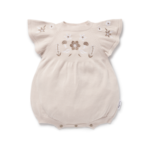 FLORAL EMBROIDERED OAT KNIT ROMPER || Sand | Aster & Oak