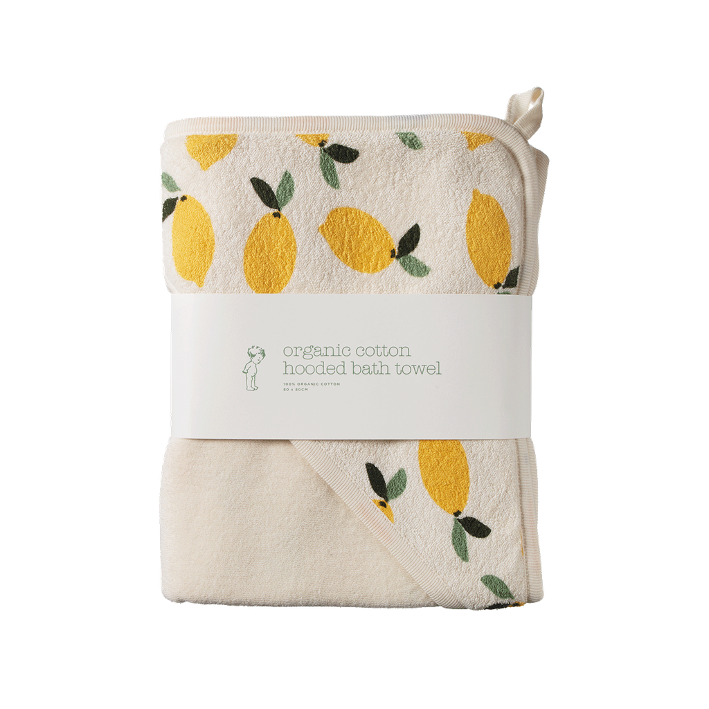 ORGANIC COTTON HOODED TOWEL - Lemon Print Terry - One Size | Nature Baby
