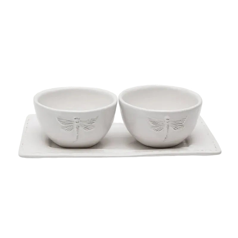 Dragonfly Stoneware White Condiment Set (3PC) | French Country