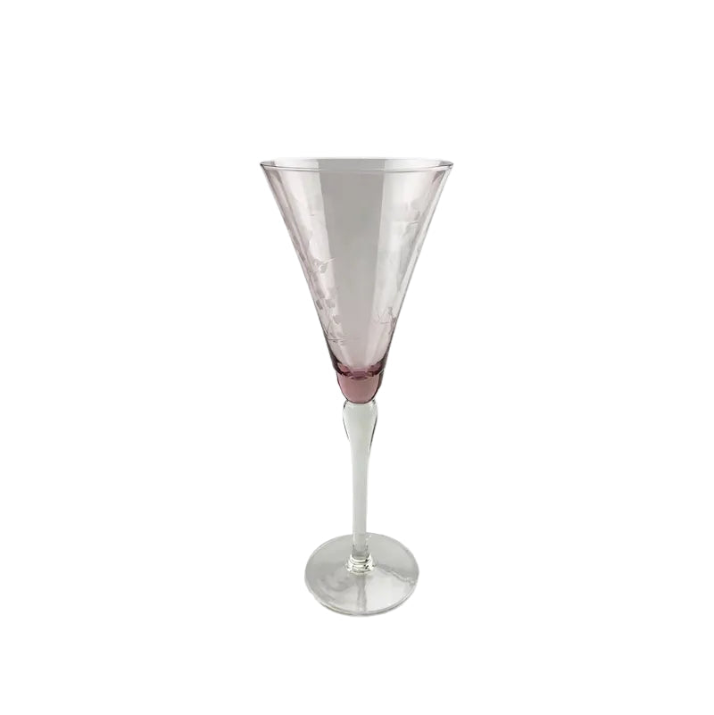 Floral Etched Tall Wine Glass Pink | French Country