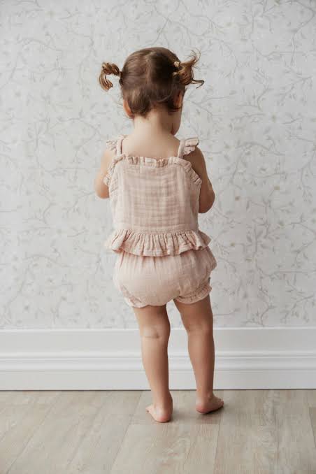 Organic Cotton Muslin Frill Bloomer - Misty Pink | Jamie Kay