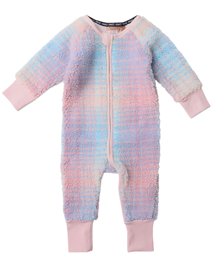 Pastel Dreams Tartan Sherpa Long Sleeve Zip Romper | Kip & Co