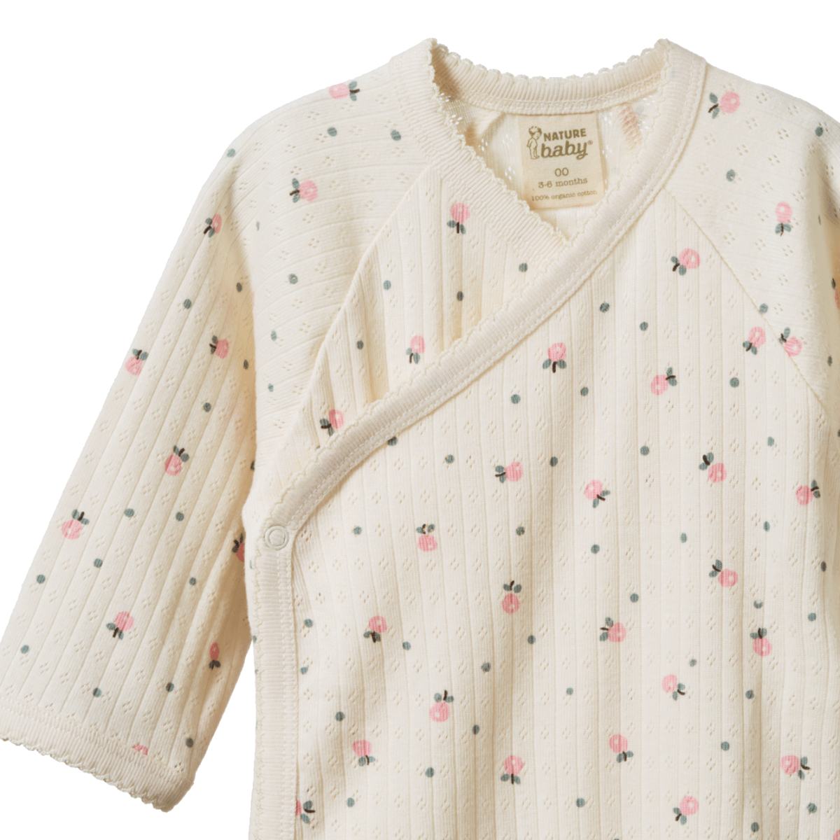 LONG SLEEVE KIMONO BODYSUIT POINTELLE. Posey Blossom Print | Nature Baby
