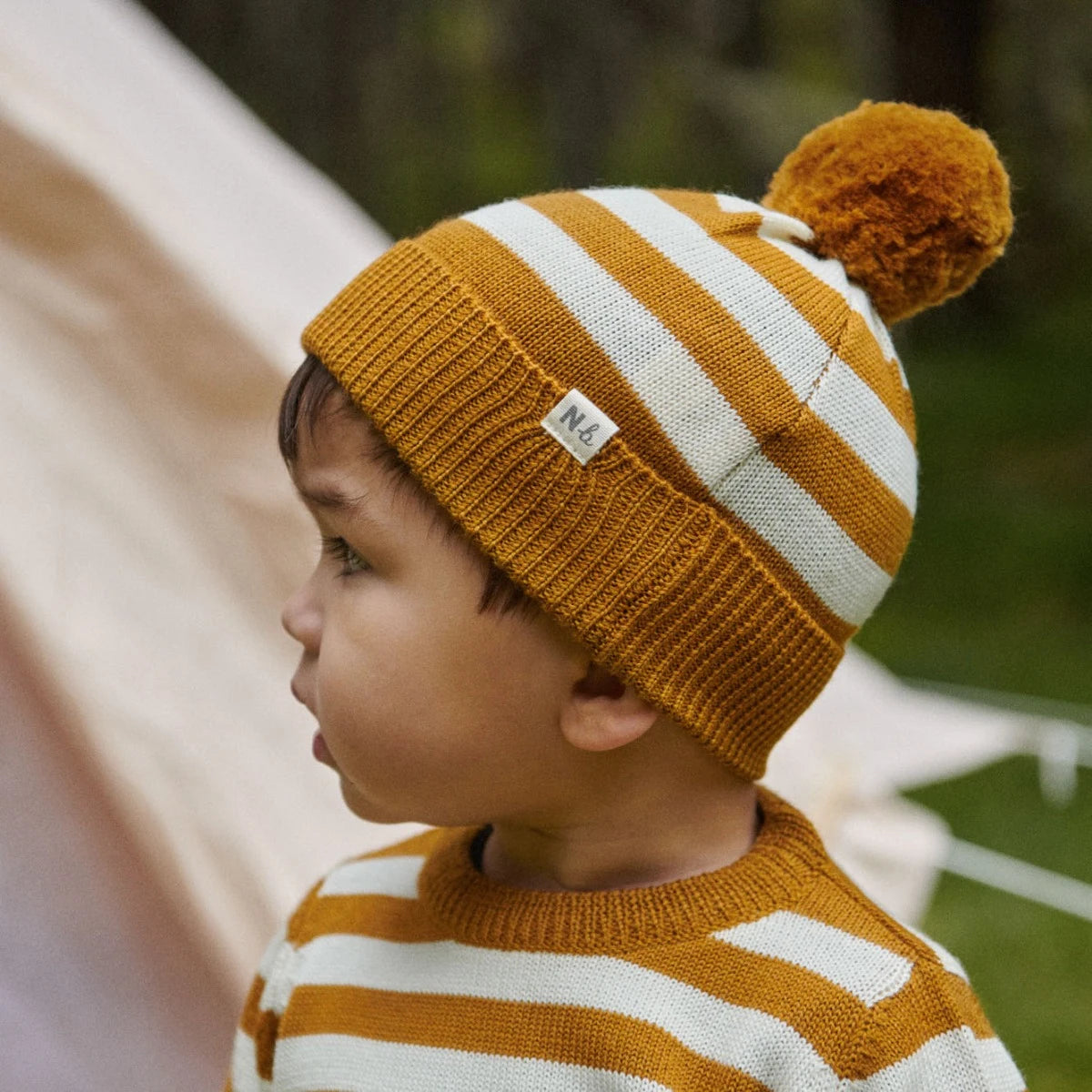ALPINE POM POM BEANIE || Toffee Bold Stripe | Nature Baby