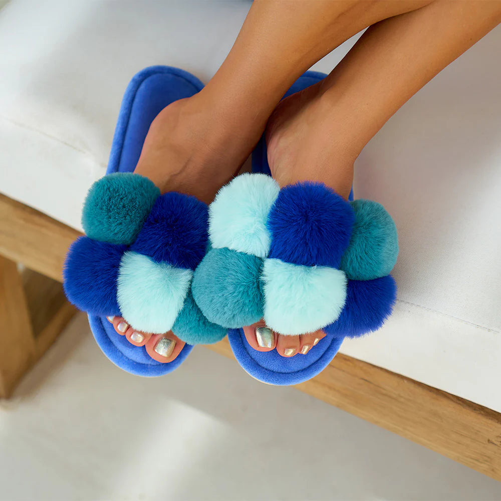 COSY LUXE Slippers - Pom Pom - Multi Blue | Annabel Trends