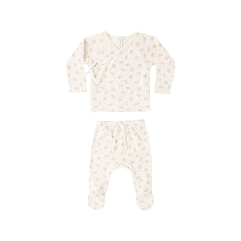 Wrap Top + Footed Pant Set - Flower Field - Ivory | Quincy Mae