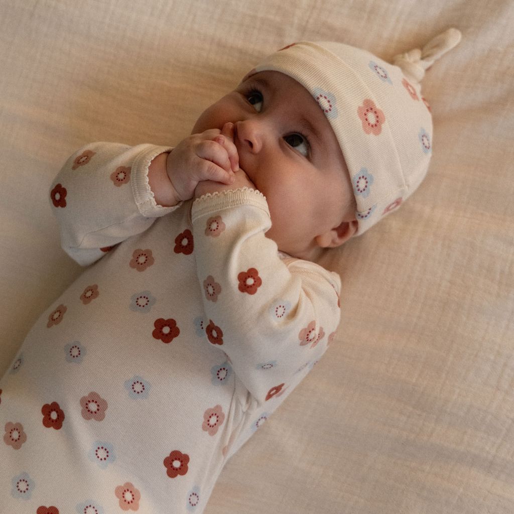 COTTON KNOTTED BEANIE - Petite Flora Stamp Print | Nature Baby