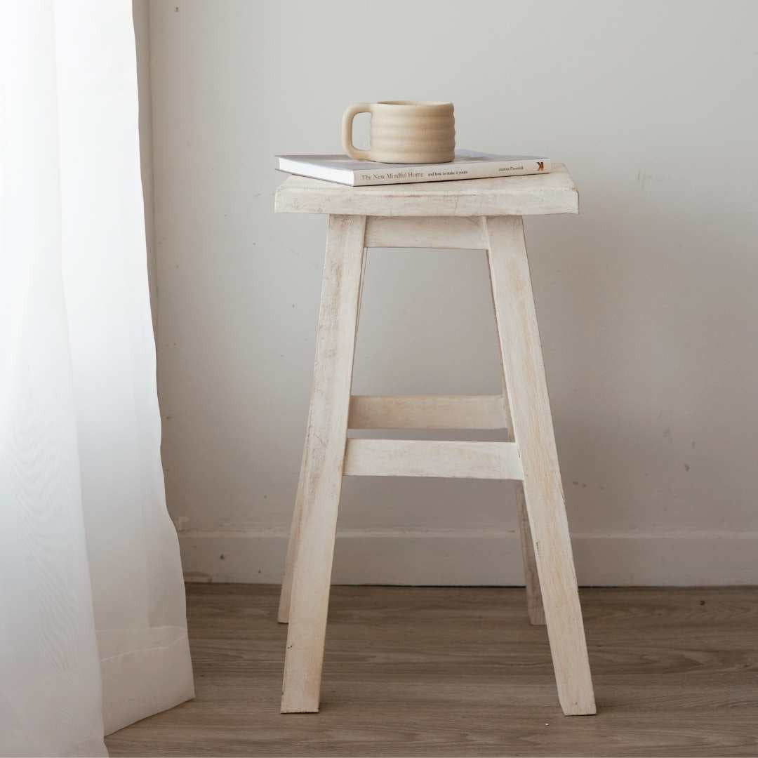 White Wash Wooden Stool - Square Top | Barron Imports